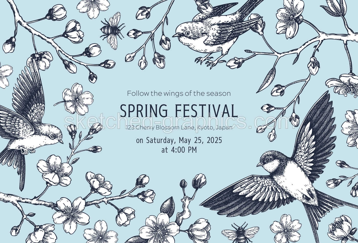 Hand drawn spring background. Cherry blossom blue frame design. Sakura flower, flying bird sketch illustration. NOT AI generated Illustration